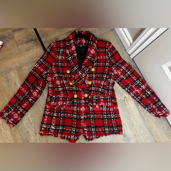 Red Tweed Plaid Blazer - Size M - Picture 5 of 6